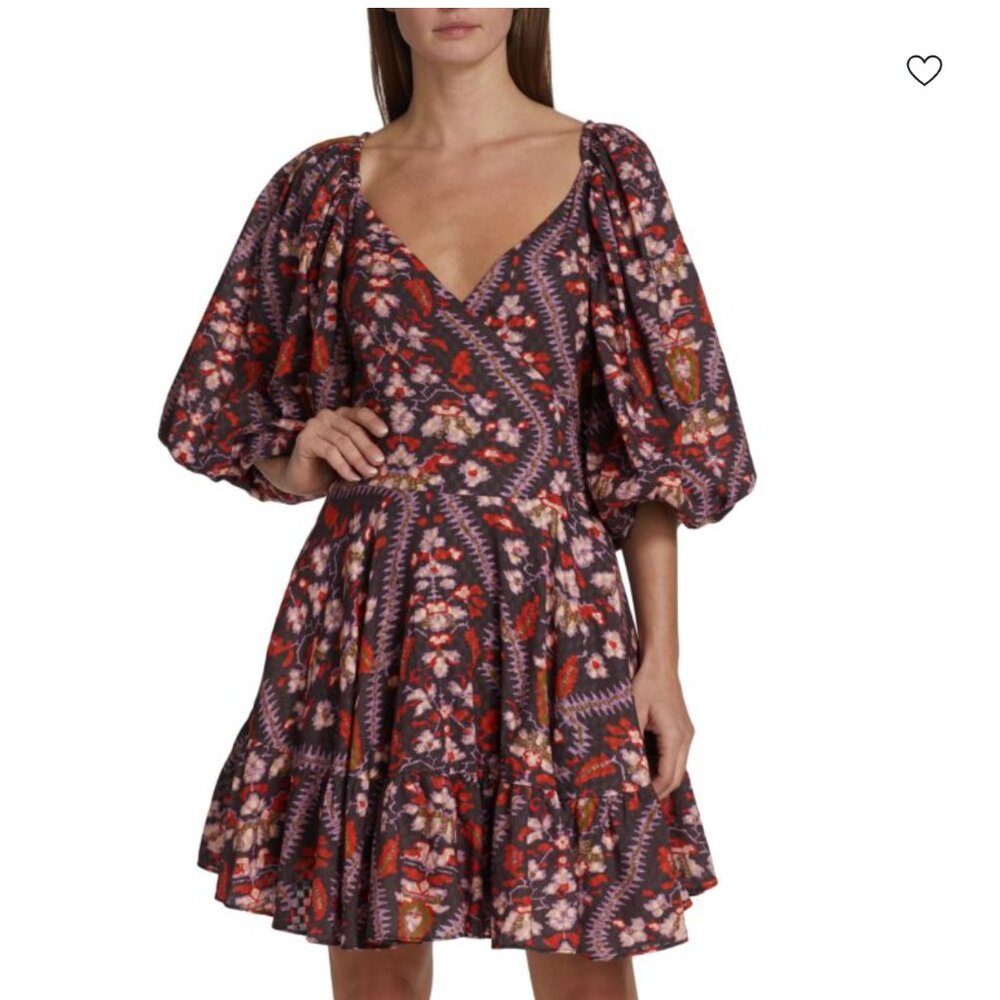 RHODE Darya Puff Sleeve Mini Wrap Dress, Plumeria Chocolate, Size XS, NWT